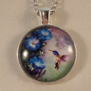 Silver Hummingbird Flowers Cabochon Pendant Chain Necklace Gift